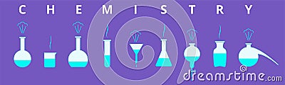 Chemistry banner of lab flasks with liquid and chemistry word. Vector Illustration